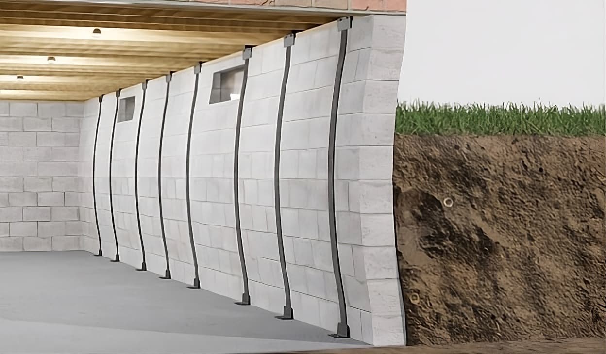 A cutaway illustration of a bowing basement wall reinforced with steel braces, with soil pressing from outside
