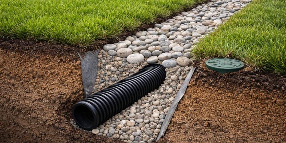 A cutaway illustration of a buried French drain: a perforated pipe bedded in gravel